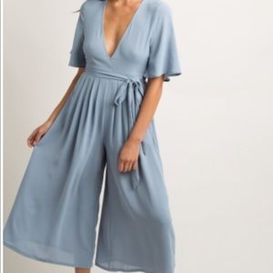 Blue V-Neck Cropped Wide Leg Jumpsuit